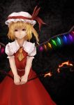  ascot background bad_id blonde_hair blouse fire flame flandre_scarlet hat highres laevatein light_smile mizuti red_eyes short_hair side_ponytail skirt solo the_embodiment_of_scarlet_devil touhou v_arms wings 
