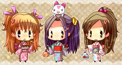  :o blue_eyes blush brown_background brown_hair cat chibi dango fan fish food goldfish green_eyes hair_ornament hair_ribbon heart hiyopuko holding houjou_hibiki hummy_(suite_precure) japanese_clothes kimono kurokawa_ellen long_hair minamino_kanade obi on_head open_mouth orange_hair ponytail precure purple_hair ribbon side_ponytail siren_(suite_precure) suite_precure twintails two_side_up wagashi yellow_eyes yukata 