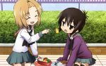  a_channel black_hair blonde_hair character_request closed_eyes duo female food fork highres meat necktie open_mouth purple_hair run_(a-channel) short_hair skirt sushi tooru 
