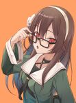  .live absurdres adjusting_eyewear bespectacled blush breasts brown_hair commentary_request glasses hair_between_eyes headband highres kuro_kinkan long_hair open_mouth orange_background red_eyes school_uniform simple_background virtual_youtuber yaezawa_natori 