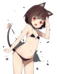  animal_ears bare_shoulders bikini blush brown_hair cat_ears cat_tail fang flat_chest front-tie_top gomibox navel open_mouth original red_eyes ribbon salute short_hair side-tie_bikini smile solo standing swimsuit tail 