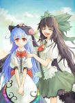 :d black_hair blue_hair bow food fruit hair_bow hand_on_head hat hinanawi_tenshi long_hair looking_at_viewer multiple_girls open_mouth peach red_eyes reiuji_utsuho skirt smile standing tes_(unpre) touhou v_arms 