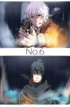  blue_hair facial_mark gun highres male multiple_boys nadzomi_viro nezumi_(no.6) no.6 rain red_eyes scarf shion_(no.6) short_hair sion_(no.6) spoilers tears weapon white_hair 