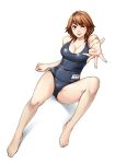  bare_shoulders barefoot blush breasts brown_eyes brown_hair face feet foreshortening hanamura hands large_breasts legs one-piece_swimsuit original outstretched_arm outstretched_hand school_swimsuit short_hair simple_background sitting smile solo swimsuit wink 