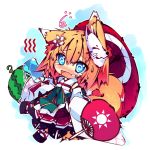  @_@ animal_ears blonde_hair blue_eyes blush chibi detached_sleeves food fox fox_ears fruit hot japanese_clothes mask miko original popsicle shirokitsune short_hair solo sun_(symbol) sweat umbrella watermelon 