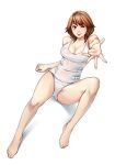  bare_shoulders barefoot blush breasts brown_eyes brown_hair feet hanamura large_breasts legs one-piece_swimsuit original outstretched_arm outstretched_hand school_swimsuit see-through short_hair simple_background sitting smile solo swimsuit white_school_swimsuit wink 