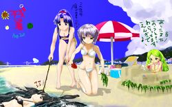  bikini black_hair blue_eyes blue_hair brown_eyes cooler green_eyes green_hair kimidori_emiri long_hair multiple_girls nagato_yuki purple_hair sand_castle sandcastle seaweed short_hair stick suou_kuyou suzumiya_haruhi_no_yuuutsu swimsuit translated translation_request umbrella very_long_hair water yossy1118 