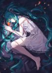  aqua_eyes aqua_hair barefoot chemise feet hatsune_miku legs long_hair lying neyti on_side petals profile shadow solo twintails very_long_hair vocaloid 