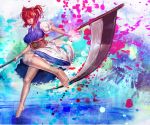  ajishio bare_legs barefoot breasts coin hair_bobbles hair_ornament obi onozuka_komachi outstretched_hand paint_splatter red_eyes red_hair redhead scythe short_twintails solo touhou twintails 