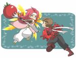 boots brown_hair chibi coat fighting fork gloves green_eyes headband lloyd_irving long_hair octopus pants red_hair redhead tales_of_(series) tales_of_symphonia tomato wings yakigyouza zelos_wilder 