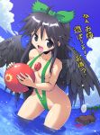  ball black_eyes black_hair blood bow cat hair_bow hips kaenbyou_rin kaenbyou_rin_(cat) kurogarasu kurokarasu long_hair nosebleed red_eyes reiuji_utsuho sling_bikini swimsuit third_eye touhou translated translation_request wading water wide_hips wings 