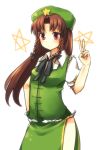  alternate_eye_color alternate_hair_color bad_id beret bow braid brown_hair china_dress chinese_clothes hair_bow hand_on_hip hat hong_meiling kohaku. long_hair purple_eyes red_eyes rough short_sleeves sketch solo star touhou twin_braids v 