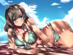  bikini blue_eyes blush braid breasts cloud curvy frilled_bikini frills front-tie_top get_amped_2 grey_hair highres on_side sky solo soo sunbeam sunlight swimsuit tsurime twin_braids wallpaper water wet yashako 