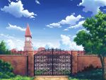  blue_sky brick_wall bush clock clock_tower cloud gate no_humans scarlet_devil_mansion scenery sky touhou tower tree 