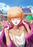  cape cloak closed_eyes eating eyes_closed flower gacha-m gachamukku gundam gundam_unicorn haro highres mansion orange_hair short_hair solo 