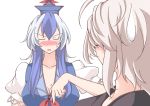  angry blue_dress blue_hair blush breasts cleavage closed_eyes comic dress eyes_closed kamishirasawa_keine lozelia morichika_rinnosuke multicolored_hair open_mouth pointing pointing_down shirt silent_comic silver_hair sweatdrop touhou two-tone_hair 