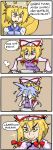  4koma blonde_hair bow bowl comic drawfag fang finnish fox_tail gloves hair_bow hat hat_bow multiple_girls multiple_tails purple_eyes setz smile sparkle table tail touhou translated translation_request violet_eyes water wet yakumo_ran yakumo_yukari yellow_eyes 