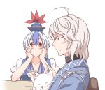  blue_dress blue_hair blush_stickers cat chair comic dress glasses hand_on_cheek hands_on_own_cheeks hands_on_own_face hat kamishirasawa_keine lozelia morichika_rinnosuke multicolored_hair pants petting red_eyes shirt silent_comic silver_hair sitting table touhou two-tone_hair yellow_eyes 