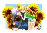  all_fours blonde_hair casual flower hair_over_one_eye kamio_misuzu kunisaki_yukito long_hair mizumizu_shiina open_toe_shoes ponytail sandals short_hair shorts silver_hair sunflower 