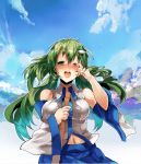  1girl blush detached_sleeves frog_hair_ornament green_hair hair_ornament himuro_(dobu_no_hotori) kochiya_sanae long_hair navel smile solo tears touhou wink 