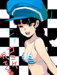  bad_id bikini black_hair blush breasts bust cabbie_hat checkered checkered_background cleavage girl_with_golden_shoe hat kin_no_kutsu_gin_no_kutsu long_hair masao open_mouth original smile solo striped striped_bikini striped_swimsuit swimsuit translated translation_request wink yellow_eyes 