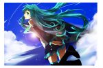  cloud female from_behind green_eyes green_hair hatsune_miku in_air long_hair nail_polish necktie ocean open_mouth orca skirt sky solo sun thigh-highs vocaloid 