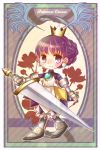  armor armored_dress boots braid crown dress earrings gradriel greaves hiyopuko jewelry knight princess_crown purple_eyes purple_hair short_hair smile solo sword title_drop violet_eyes weapon 