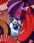  blue_hair from_above heterochromia kabaji karakasa_obake long_tongue parasol shirt short_hair skirt solo tatara_kogasa tongue tongue_out touhou traditional_media umbrella 