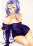  arm_support bare_legs bare_shoulders beniyaorin blue_hair breast_hold breasts cleavage collarbone detached_sleeves dress facial_mark fate/stay_night fate_(series) forehead_mark glasses huge_breasts legs lips long_hair pink_eyes red-framed_glasses red_eyes rider sitting sleeveless sleeveless_dress solo strapless strapless_dress traditional_media very_long_hair 
