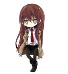  boots brown_hair chibi grey_eyes hand_on_hip hips jacket legwear_under_shorts long_hair makise_kurisu maromi_(am97) necktie pantyhose shorts simple_background solo steins;gate 