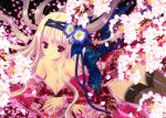  1girl absurdres black_legwear blonde_hair breasts cherry_blossoms cleavage highres huge_filesize japanese_clothes kimono legs nanase_aoi off_shoulder red_eyes tagme thigh-highs 