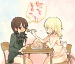  apron blonde_hair blue_eyes blush breasts brown_eyes brown_hair cleavage erica_hartmann food fork gertrud_barkhorn honami_yuu military military_uniform multiple_girls naked_apron panties pantyshot pantyshot_(sitting) pantyshot_sitting potato sitting strike_witches table tail tail_wagging translated translation_request twintails underwear uniform 