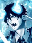  ao_no_exorcist black_hair blue blue_eyes blue_fire blue_flame bust fangs fire long_pointy_ears male monochrome necktie okumura_rin open_mouth pointy_ears solo striped striped_necktie yaichino 