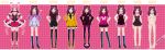 2011 6+girls artist_name black_legwear boots breasts character_sheet chart choker cleavage cleavage_cutout concept_art cure_honey_dream double_bun dress earrings frills gloves green_eyes grin heart heart_cutout highres jewelry long_hair looking_at_viewer maeashi magical_girl multiple_girls multiple_persona original pink_eyes pink_hair precure purple_hair ribbon school_uniform shirt shoes skirt smile socks sweater thigh-highs translation_request twintails underwear very_long_hair 