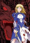  angeldust armor blonde_hair blood blood_on_face crossover curb_stomp_battle damaged dress excalibur fangs fate/stay_night fate_(series) gauntlets godzilla godzilla_(series) green_eyes injury kaijuu mana_transfer_dragon monster open_mouth red_eyes saber sword torn_clothes type-moon weapon 