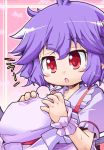  bust chibi fang hat hat_removed headwear_removed herada_mitsuru purple_hair red_eyes remilia_scarlet short_hair solo sweat touhou translated translation_request wrist_cuffs 