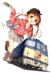  absurdres bag blush boots bow brown_hair character_request copyright_request female hair_bow happy hat highres kantoku long_hair open_mouth orange_hair pen pleated_skirt red_eyes simple_background skirt smile solo ticket train twintails vehicle white_background 