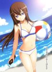  beach beachball bikini blue_eyes bottle brown_hair coca-cola jpeg_artifacts long_hair makise_kurisu namonashi shochuumimai smile steins;gate swimsuit 