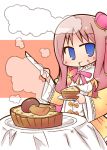  atelier_meruru blue_eyes blush bow crown dress knife luu merurulince_rede_arls mushroom pie smoke 