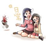  2girls azumanga_daioh azumanga_daiou black_hair blood blush crossover glasses grooveamada head_on_shoulder kaorin long_hair minakami_mai multiple_girls nichijou sakaki school_uniform sitting surprised 