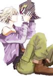  bare_shoulders bishounen blonde_hair boots helmet ivan_karelin jacket letterman_jacket male origami_cyclone purple_eyes purple_jacket sayuneko short_hair simple_background solo tank_top tiger_&amp;_bunny violet_eyes white_background 