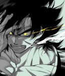  1boy anger_vein angry black_eyes black_hair broly_(dragon_ball_super) dragon_ball dragon_ball_super dragon_ball_super_broly glowing glowing_eyes highres large_pectorals male_cleavage male_focus muscular muscular_male scar scar_on_cheek scar_on_chest scar_on_face short_hair solo spiky_hair spot_color tarutobi 