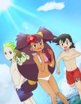  1girl 2boys axew bad_id ball beachball bikini child dark_skin dent_(pokemon) flower hibiscus iris_(pokemon) mei_(maysroom) multiple_boys no_hat no_headwear open_mouth pokemon pokemon_(anime) pokemon_(creature) satoshi_(pokemon) shorts smile splash splashing swim_trunks swimsuit two_side_up 