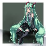  arm_support boots crossed_legs detached_sleeves green_eyes green_hair hatsune_miku legs_crossed long_hair makai_no_koutaishi necktie sitting skirt solo thigh-highs thigh_boots thighhighs twintails very_long_hair vocaloid 