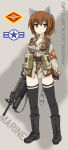  assault_rifle blue_eyes boots breasts brown_hair camouflage cleavage commentary commentary_request grenade_launcher gun ogitsune_(ankakecya-han) panties rifle sling strike_witches strike_witches_1991 tail thighhighs underbarrel_grenade_launcher underwear uniform weapon 