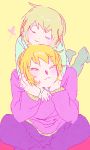  blonde_hair brown_hair closed_eyes eyes_closed hair_ornament hairclip hidamari_sketch hug hug_from_behind miyako multiple_girls tamagogogo yuno 