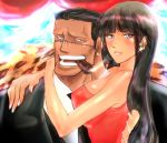  1boy 1girl black_hair blue_eyes boa_hancock breasts cigar corset curtains dress earrings formal grey_eyes ide jewelrey jewelry large_breasts long_hair nico_robin one_piece piercing scar sir_crocodile straight_hair suit 