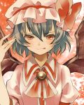  :q bat_wings blue_hair brooch dress hat jewelry pochiron red_eyes remilia_scarlet short_hair smile solo tongue touhou wings 