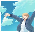  blonde_hair blue_jacket bomber_jacket closed_eyes eyes_closed jacket keith_goodman male outstretched_arms paruaru short_hair sky solo tiger_&amp;_bunny 