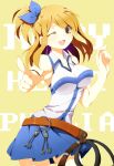  ;d belt blonde_hair breasts engrish fairy_tail impossible_clothes impossible_clothing impossible_shirt ing_(artist) key lucy_heartfilia open_mouth pointing ranguage shirt side_ponytail smile whip wink yellow_eyes 